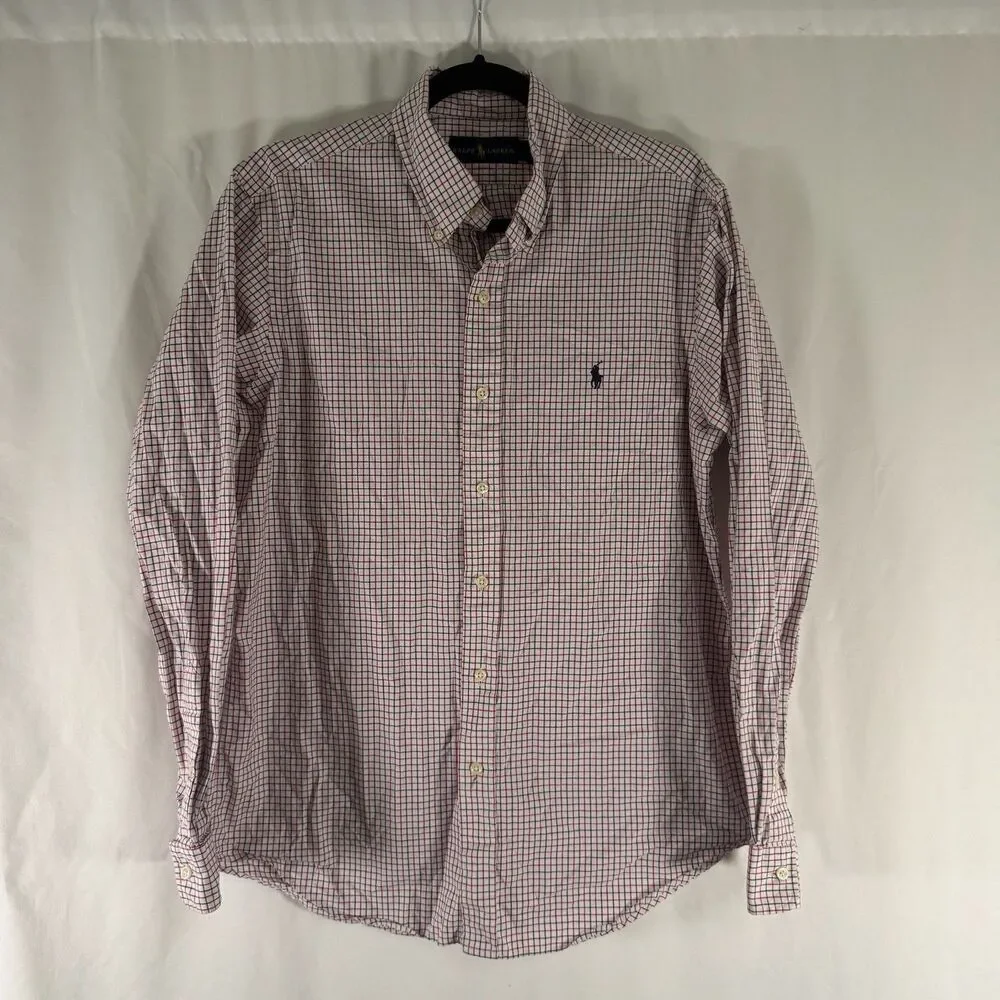 Ralph Lauren Dress Shirt Men's Medium Red Blue Plaid Button Up Long Sleeve
